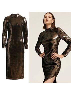 Ted Baker Womens Brookly Sequined Long Cocktail and Party Dress US 6 dark brown